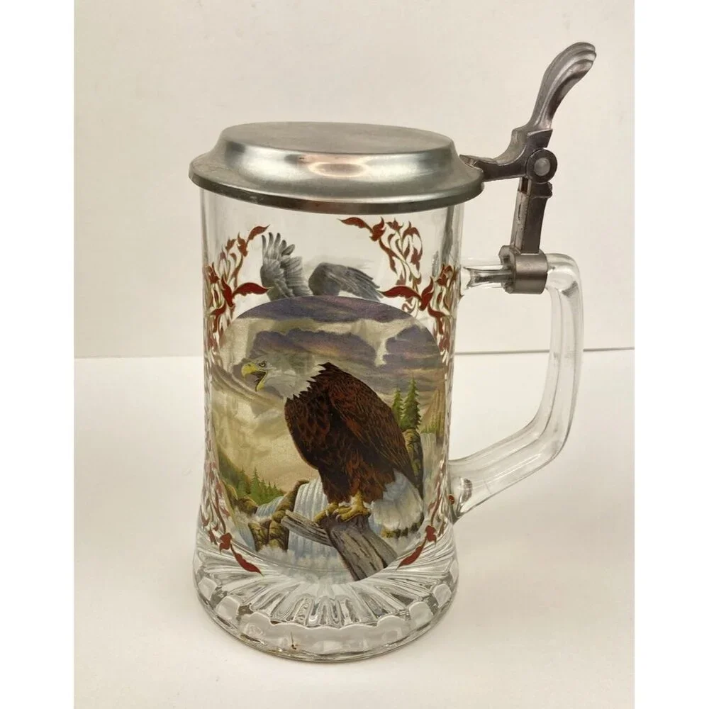 Set of 7 Vtg Glass Beer Stein Silver Top Colored Wildlife Forest Scene 6.5